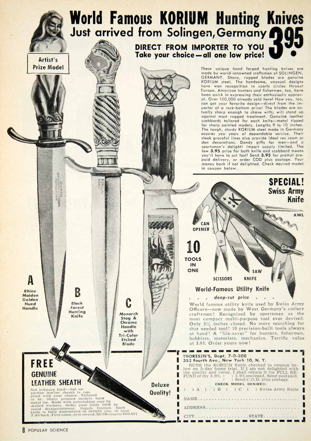1955 Ad Korium Black Forest Hunting Knife Rhine Maiden Monarch Stag Sportsman eBay