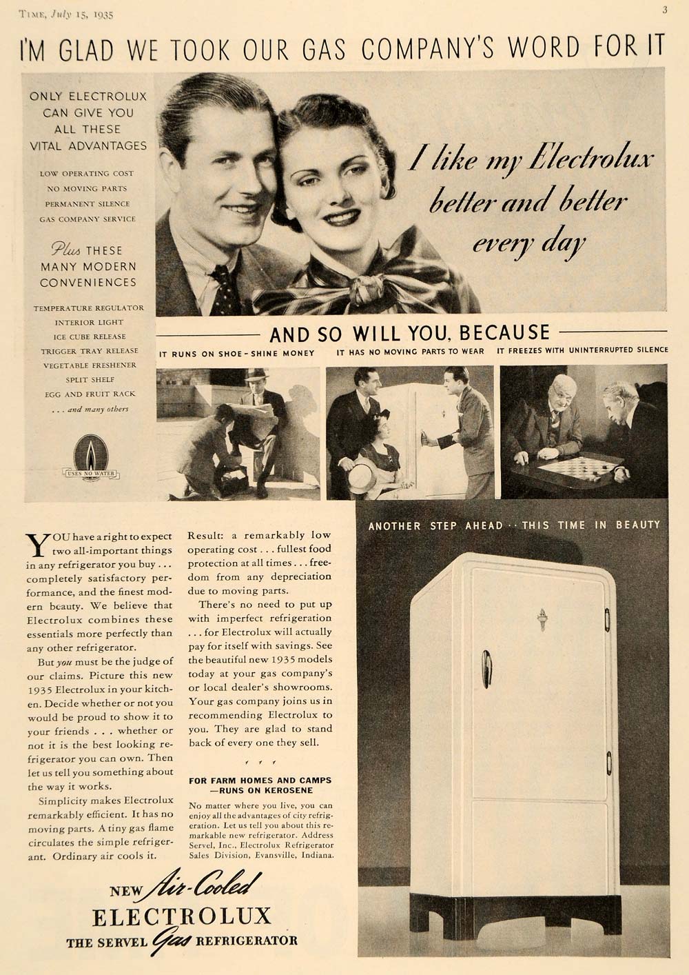 1935 Ad Vintage Electrolux Gas Refrigerator Evansville ORIGINAL ADVERTISING eBay