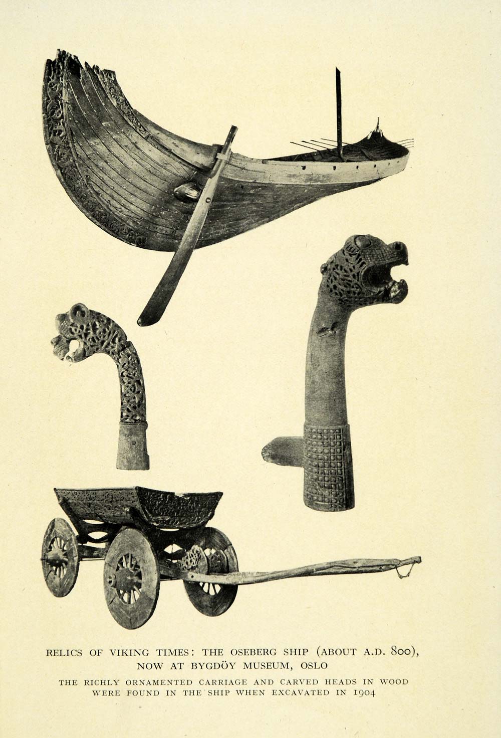 1936 Print Osberg Ship Ancient Carved Viking Relics Archaeology Norway