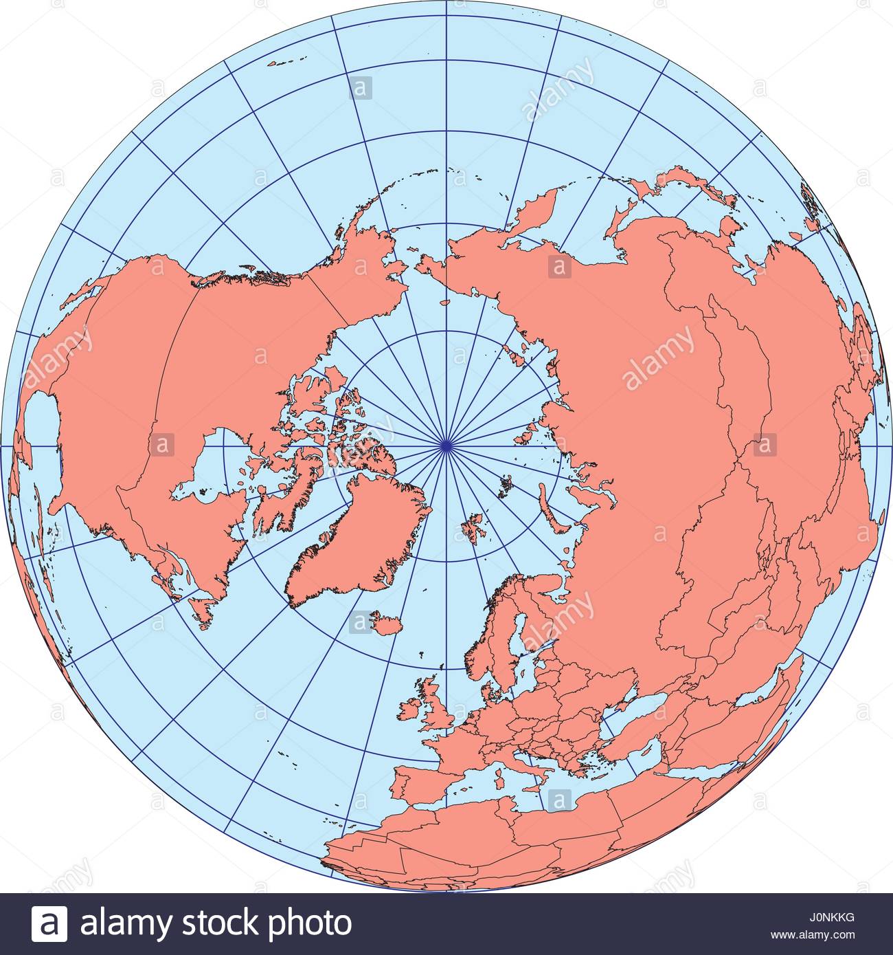 World Map With North Pole Globe Map centered on The North Pole. Ortographic projection with Stock