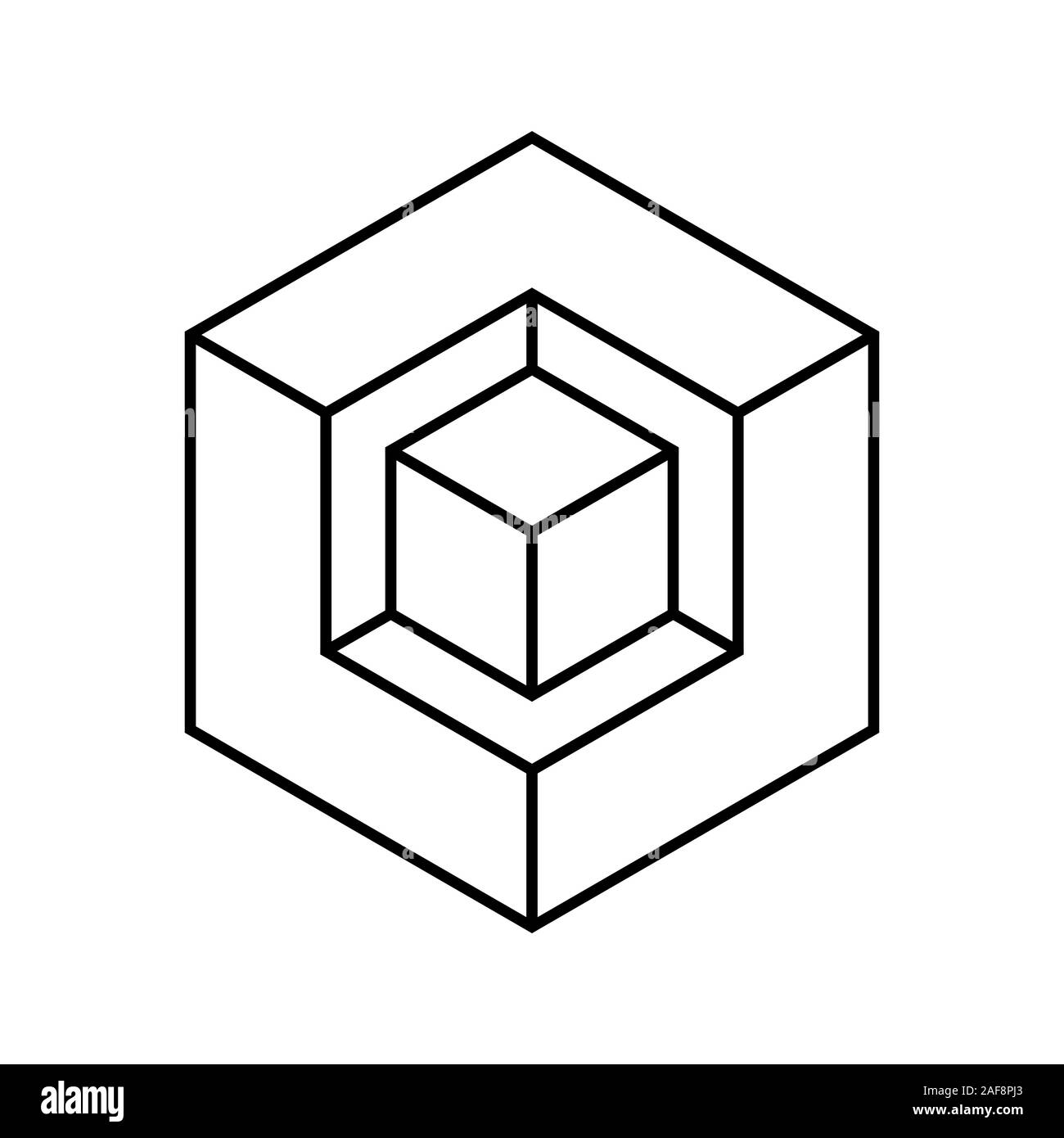 3D isometric box shape outline. Small cube in a big cube. Abstract