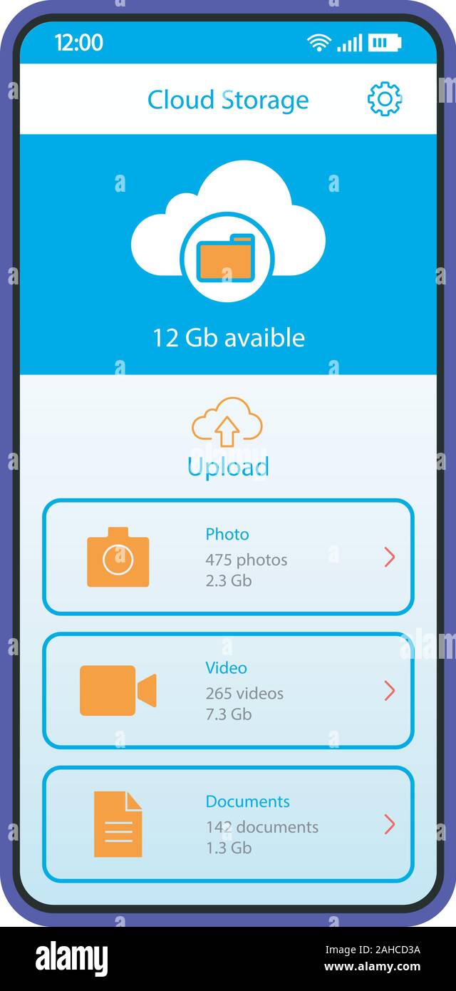 Cloud storage app smartphone interface vector template. Mobile page