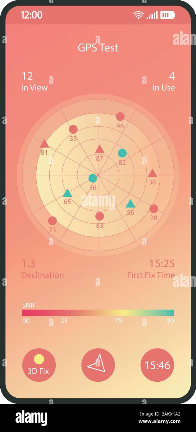 GPS test smartphone interface vector template. Mobile app page coral gradient design layout