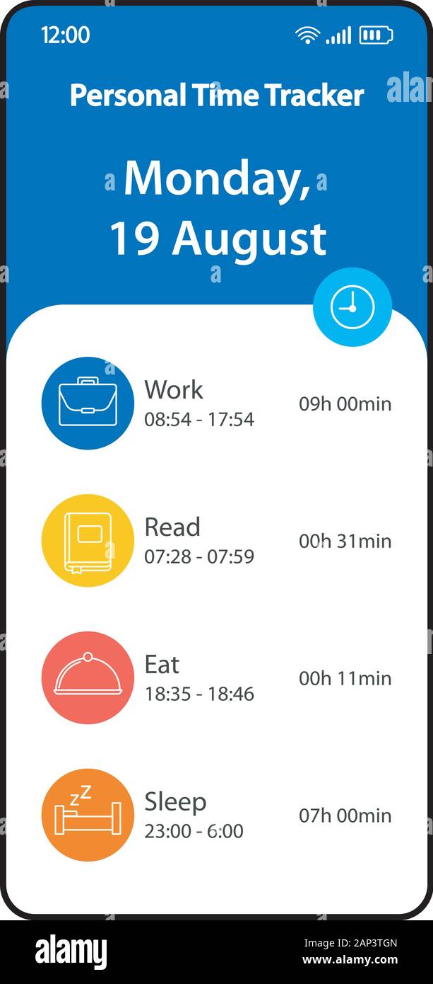 Personal time tracking app smartphone interface vector template. Mobile