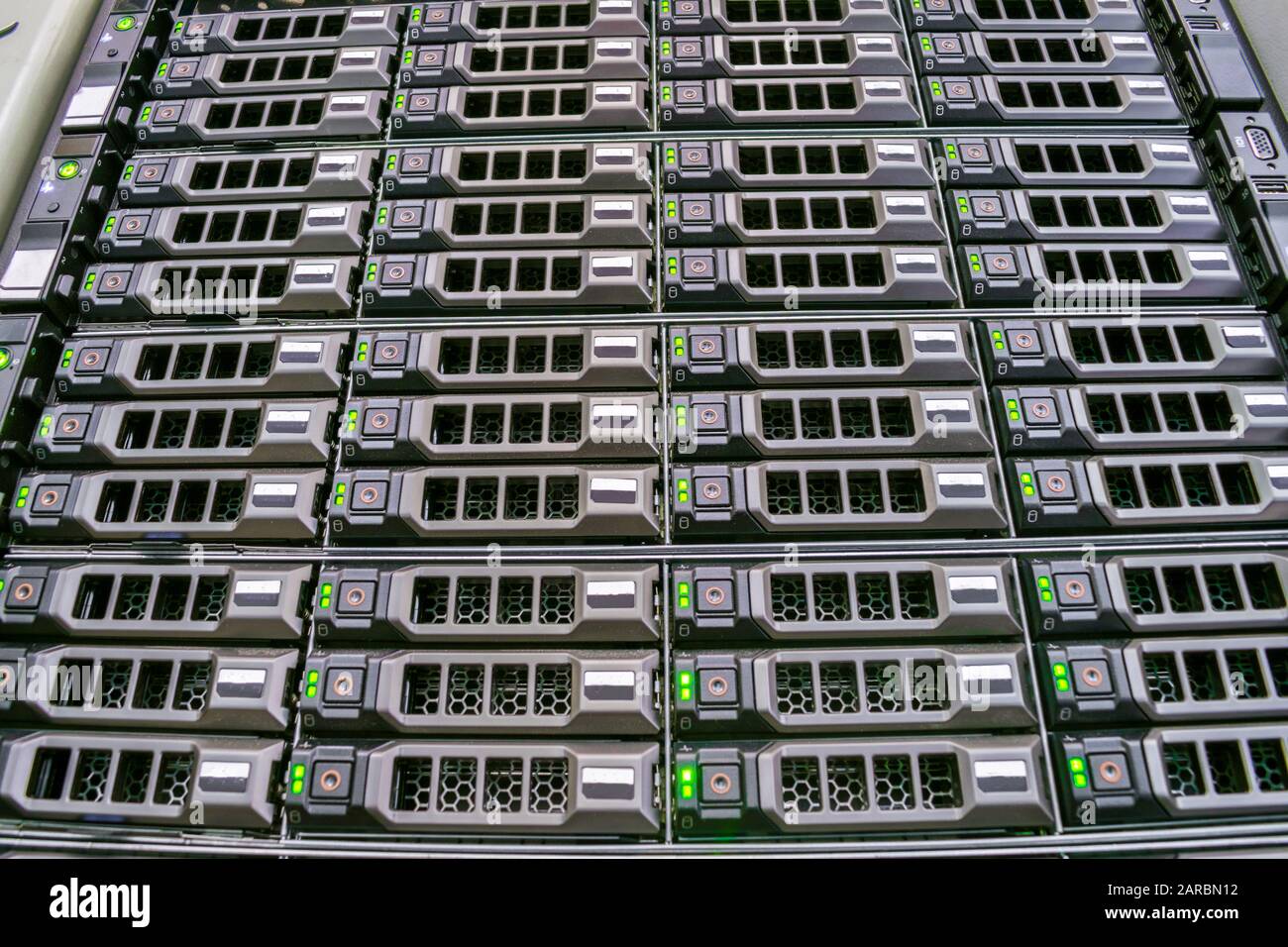 Database storage in the server room of the data center. A modern