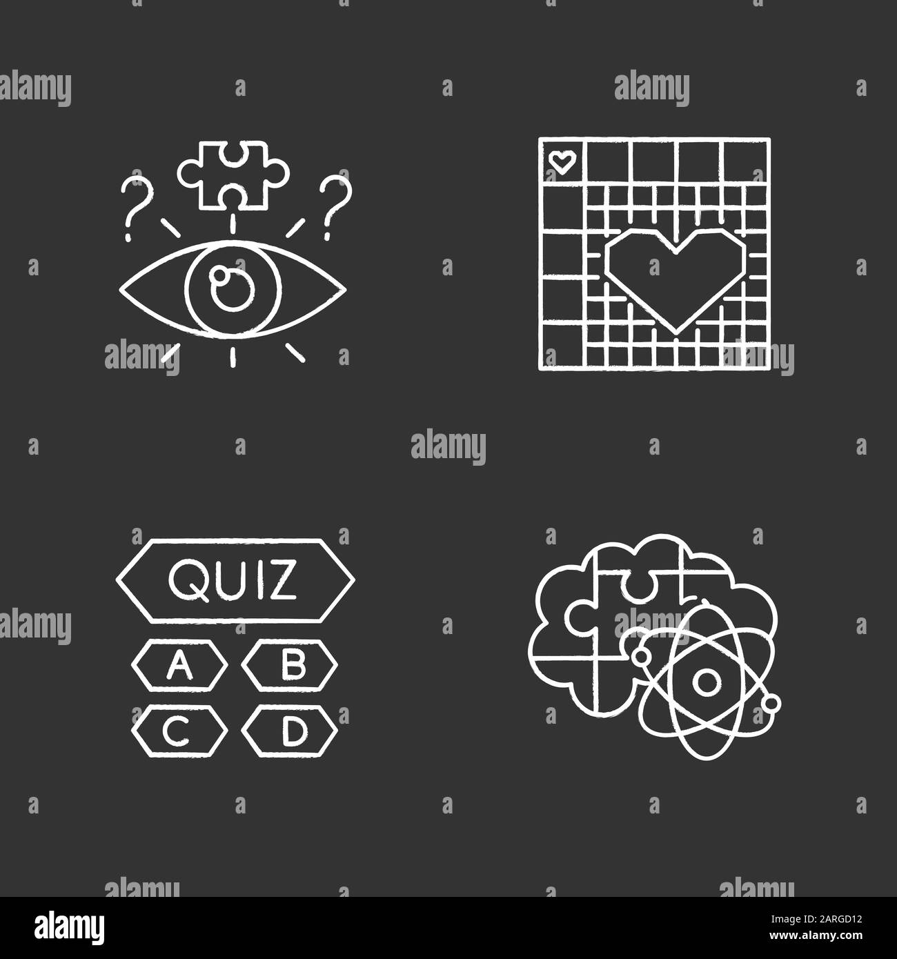 Puzzles and riddles chalk icons set. Trivia quiz. Nonogram. Logic games