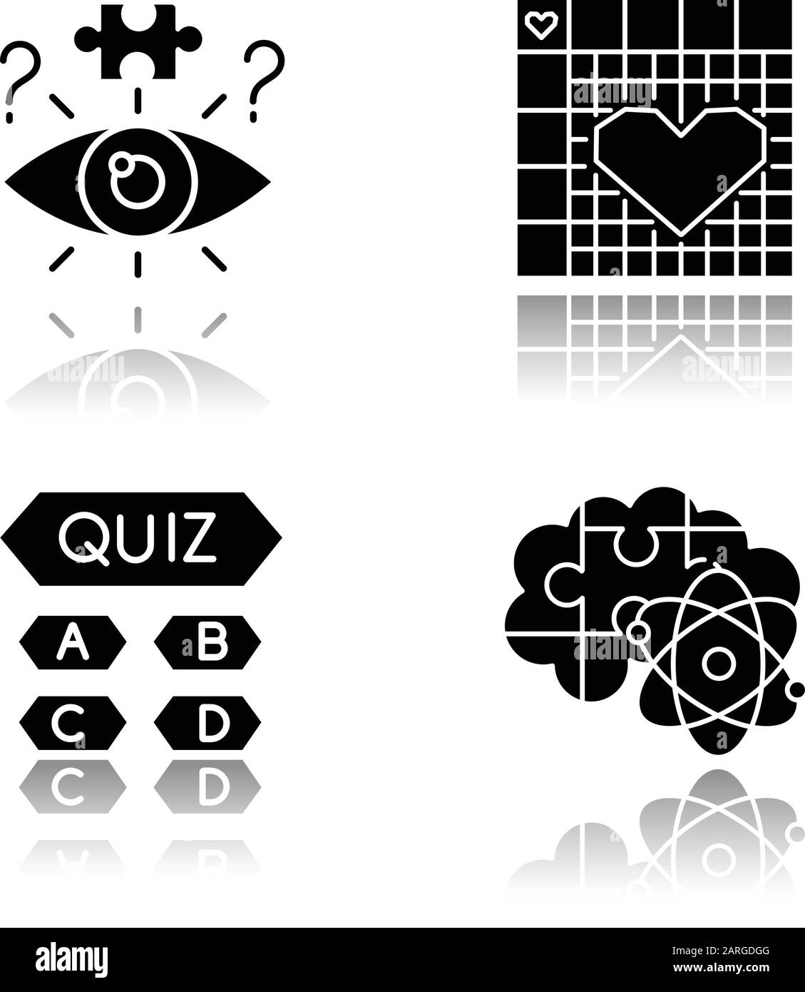 Puzzles and riddles drop shadow black glyph icons set. Trivia quiz