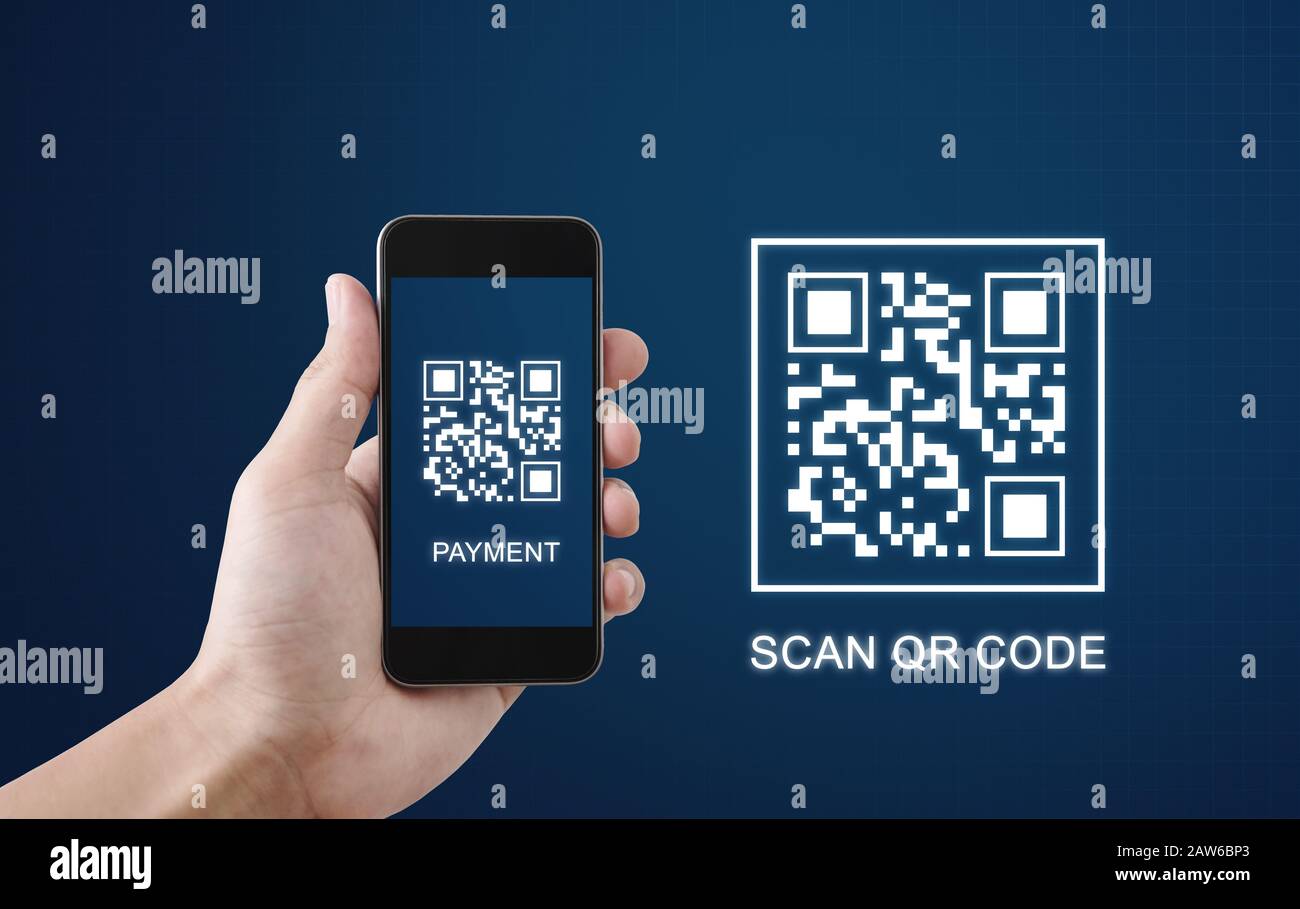 QR code scanning payment and verification. Hand using mobile smart