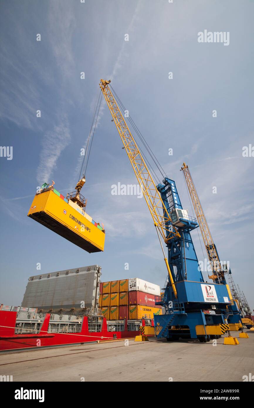 Dock crane loading and unloading a container from a container ship