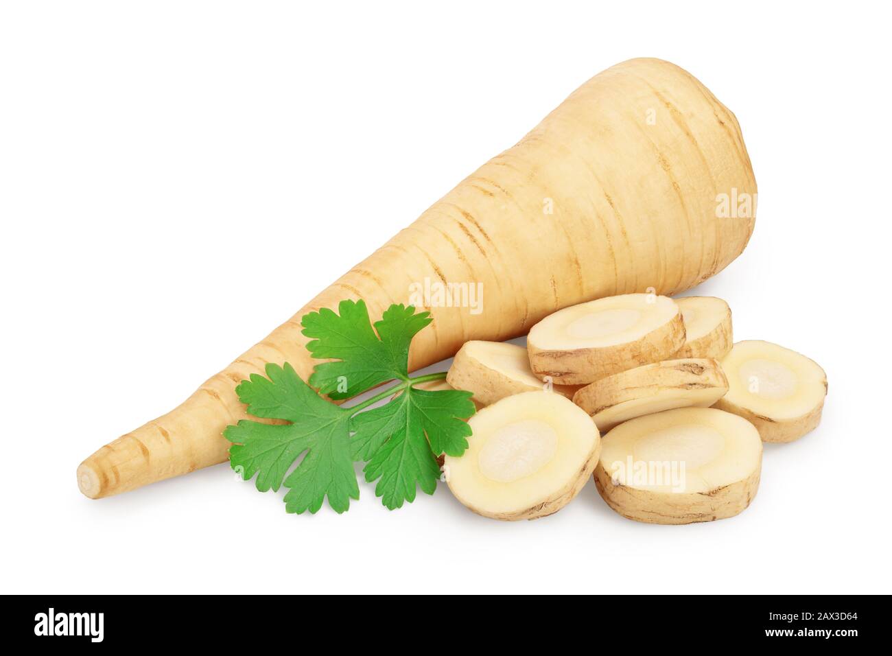 Parsnip root and slices with parsley isolated on white background with