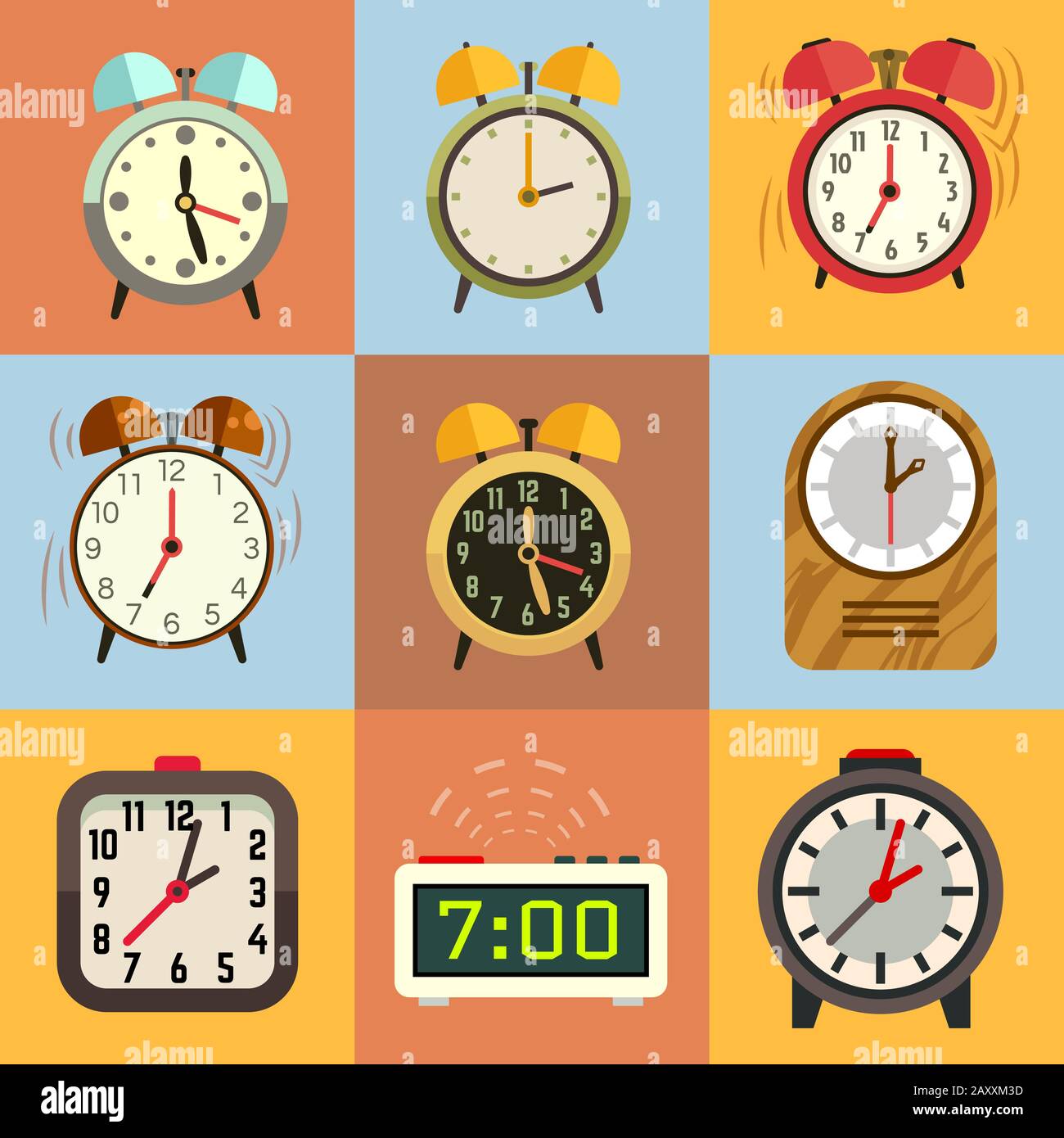 Alarm clock flat vector icons. Time clock, icon set clock, face clock illustration Stock Vector