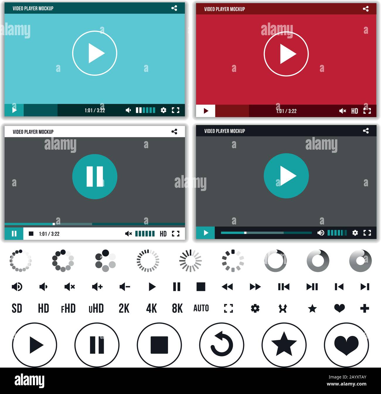 Media players with video controls buttons set. Set of interface player
