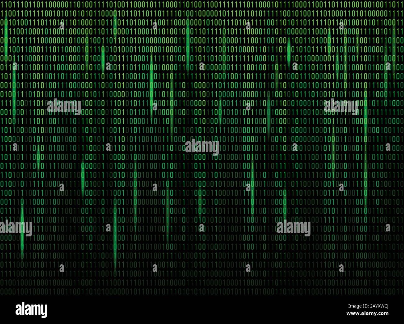 Computer screen binary data code. Numerical continuous code in green