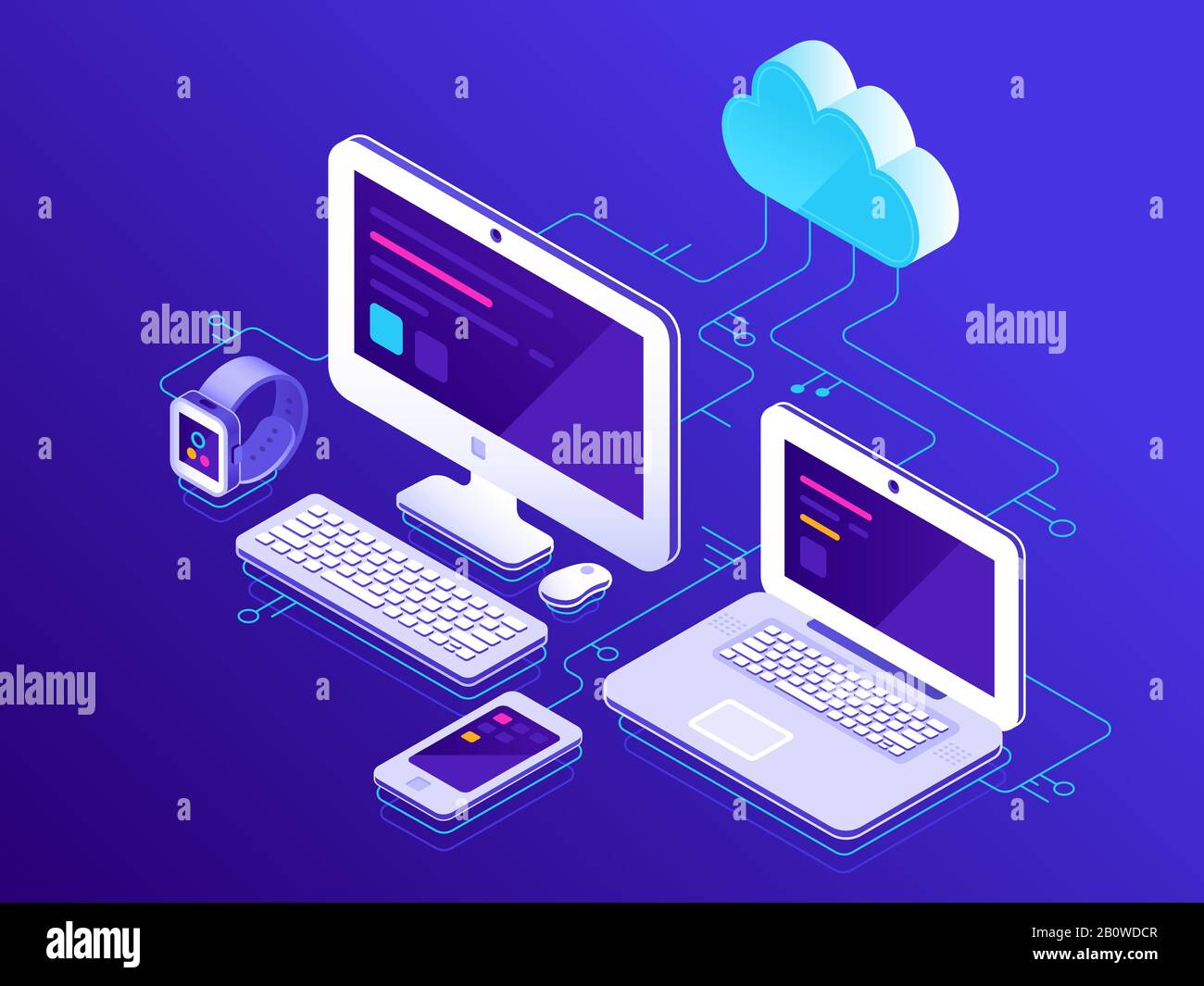 Cloud storage. Computer devices connected to data server. Laptop
