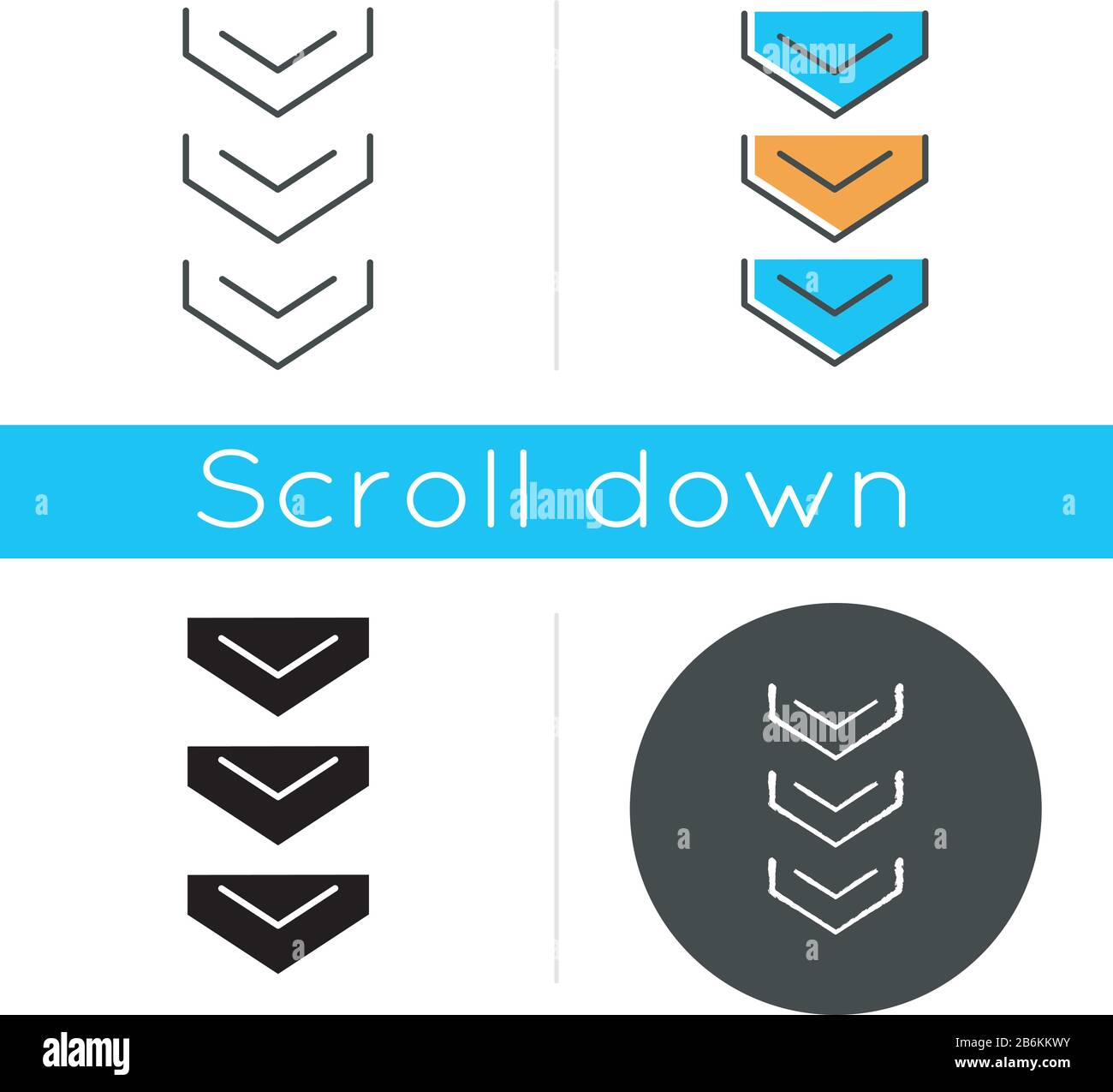 Scrolling down arrows button icon. Three downward arrowheads