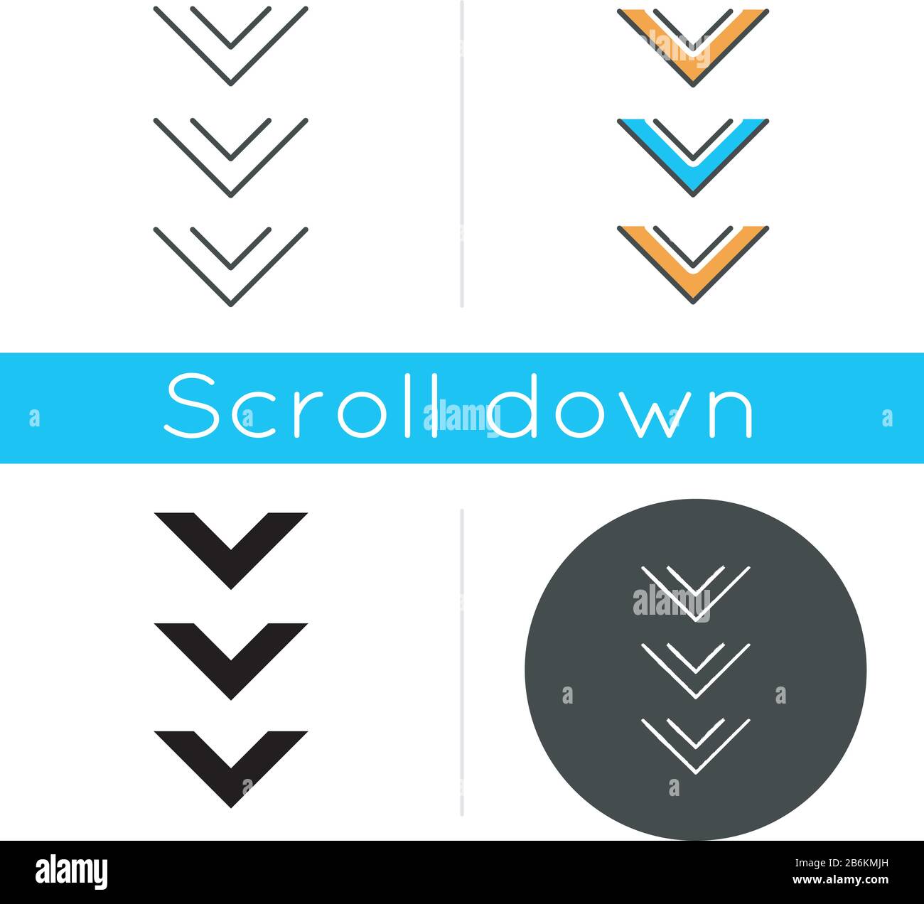 Scrolling down button icon. Three downward arrows for mobile app
