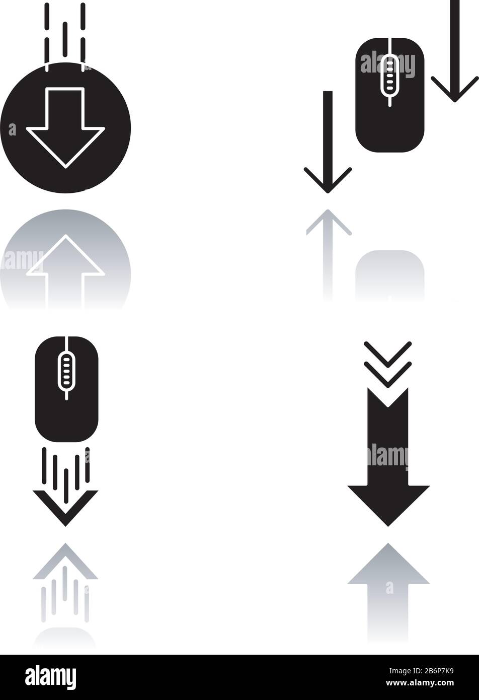 Computer mouse and arrowheads drop shadow black glyph icons set