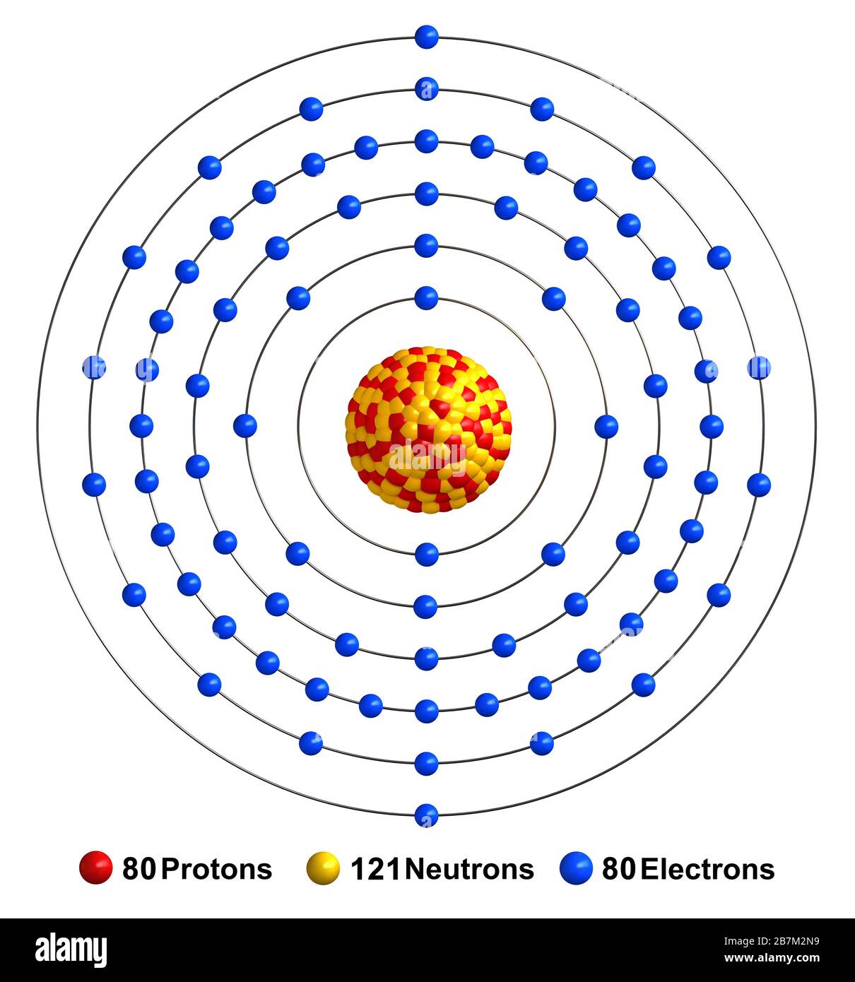 3d render of atom structure of mercury isolated over white background