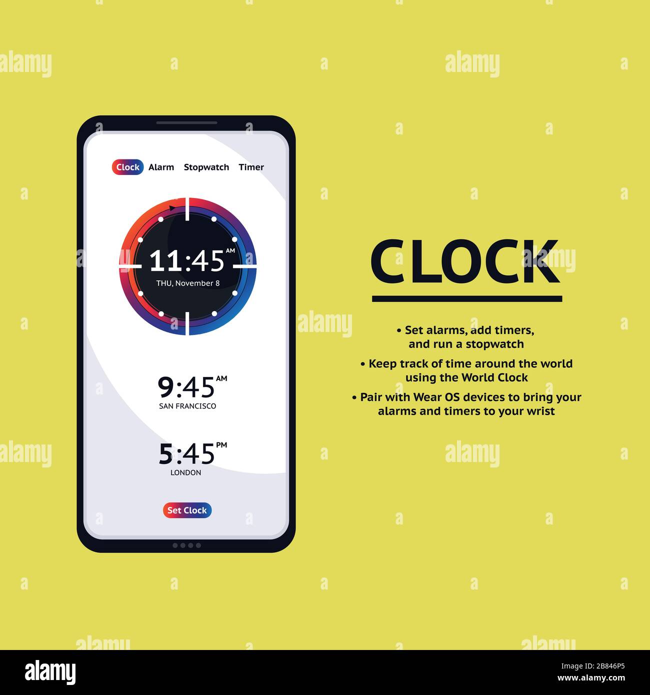 Timer clock mobile application interface. Alarm stopwatch timer ui