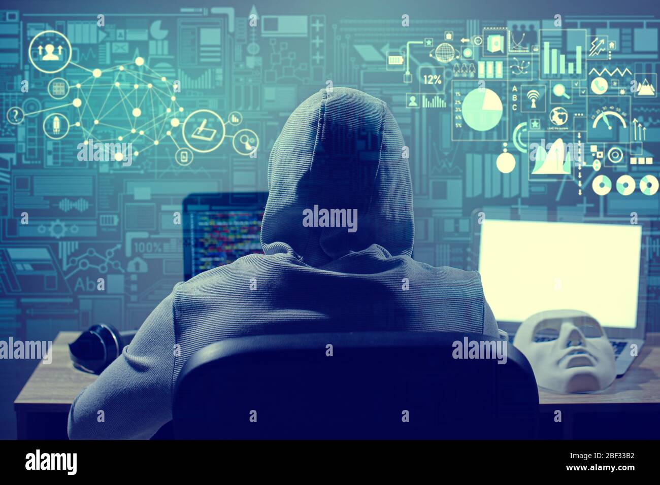 Professional hacker using computer in dark room Stock Photo Alamy