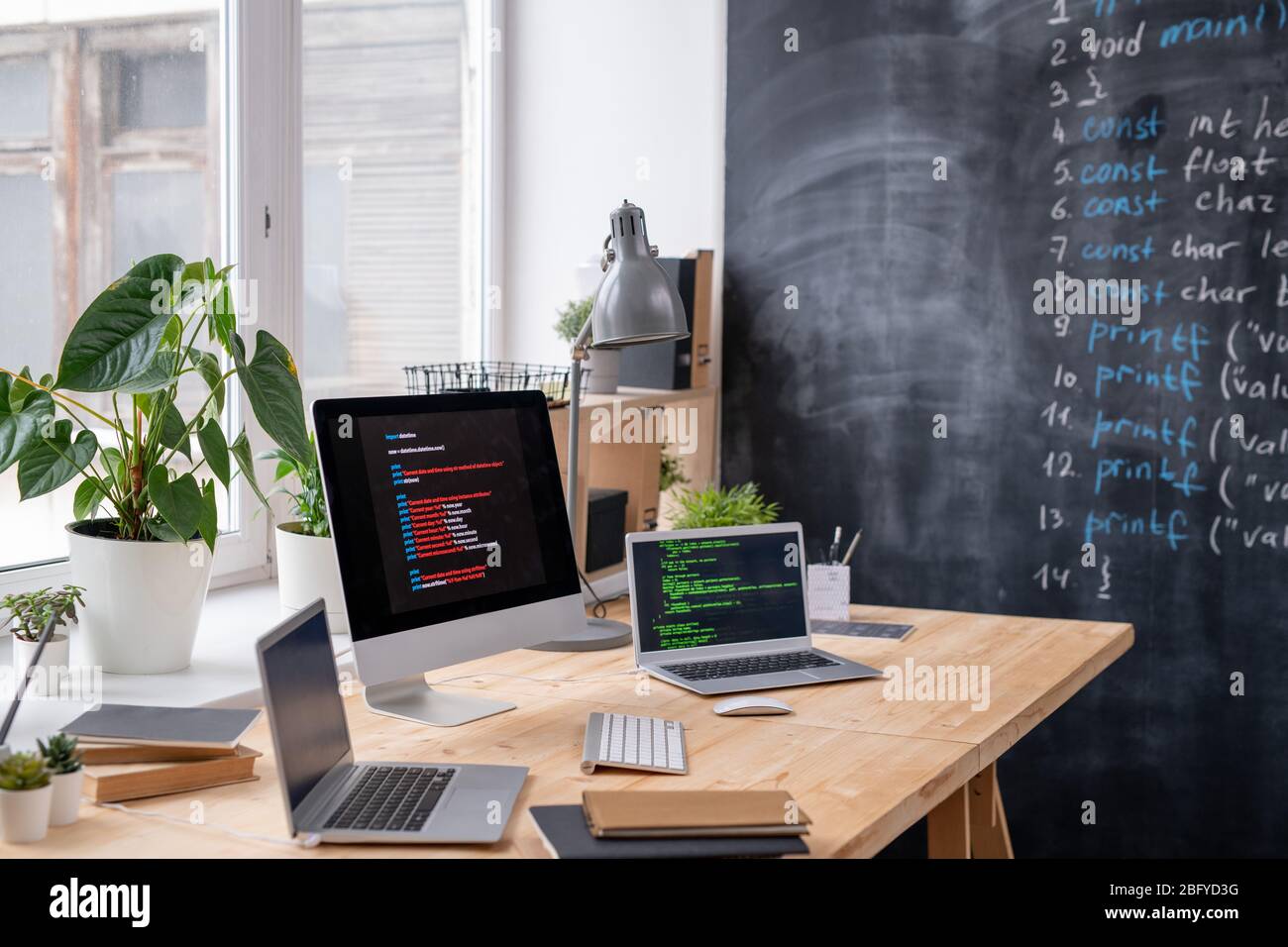 App developers office with programming script on blackboard and