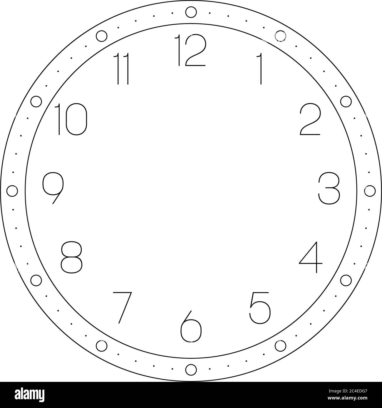 Clock face. Hour dial with numbers. Dots mark minutes and hours. Simple