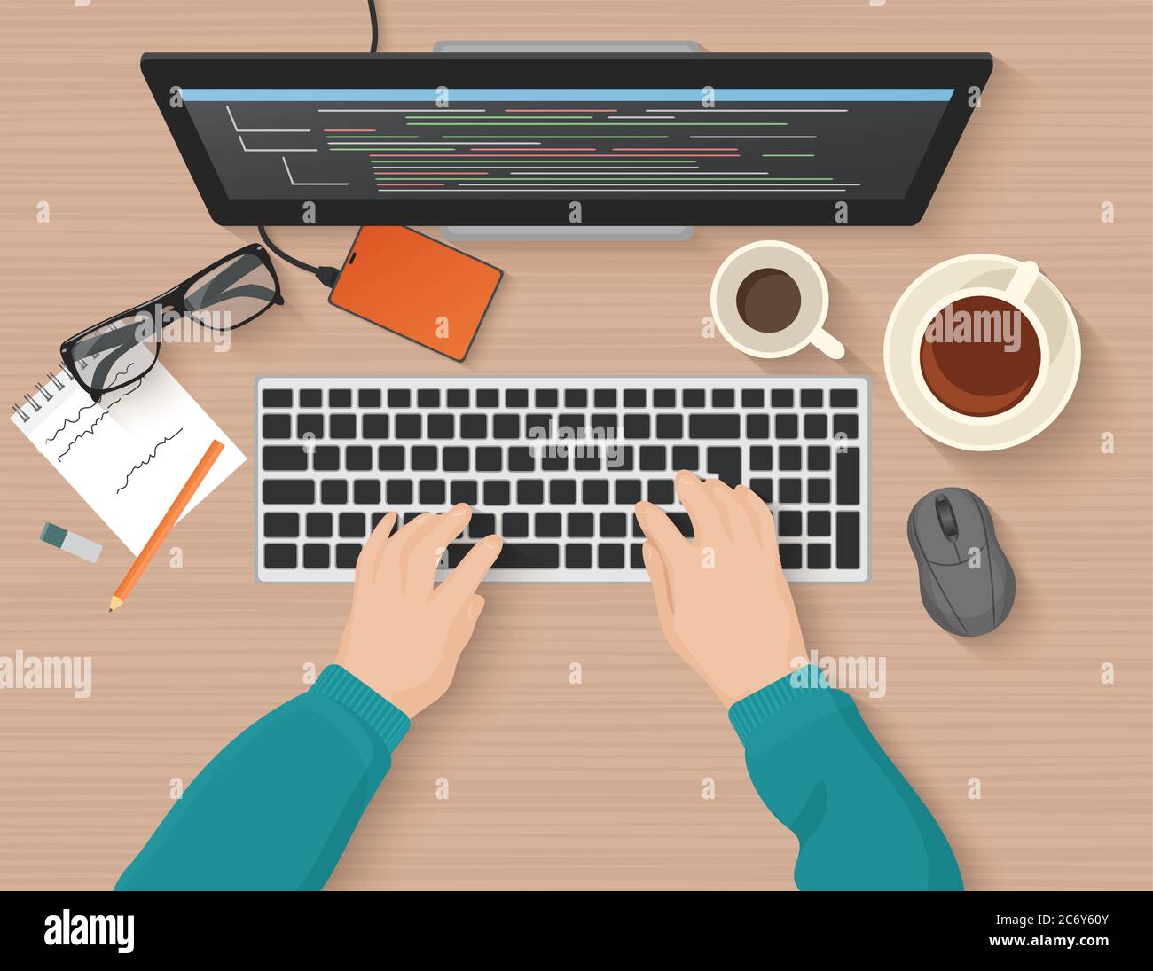 Developer working at computer. Programmer hands coding. Programming flat illustration concept
