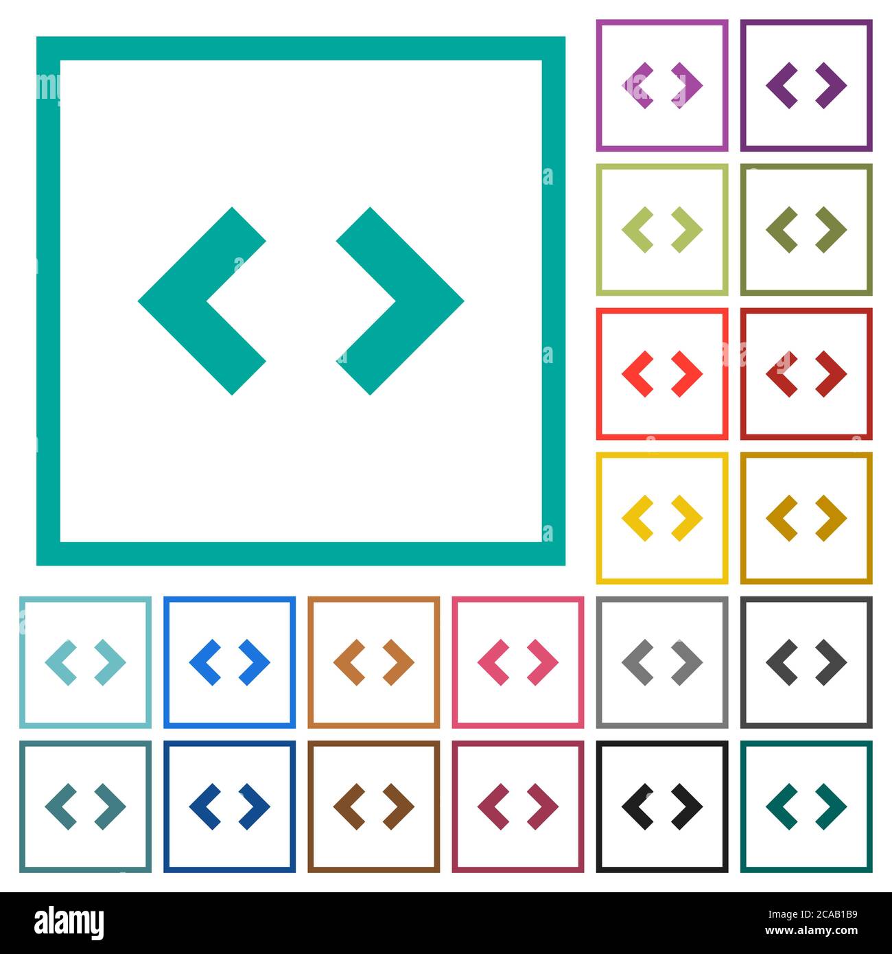 Script code flat color icons with quadrant frames on white background