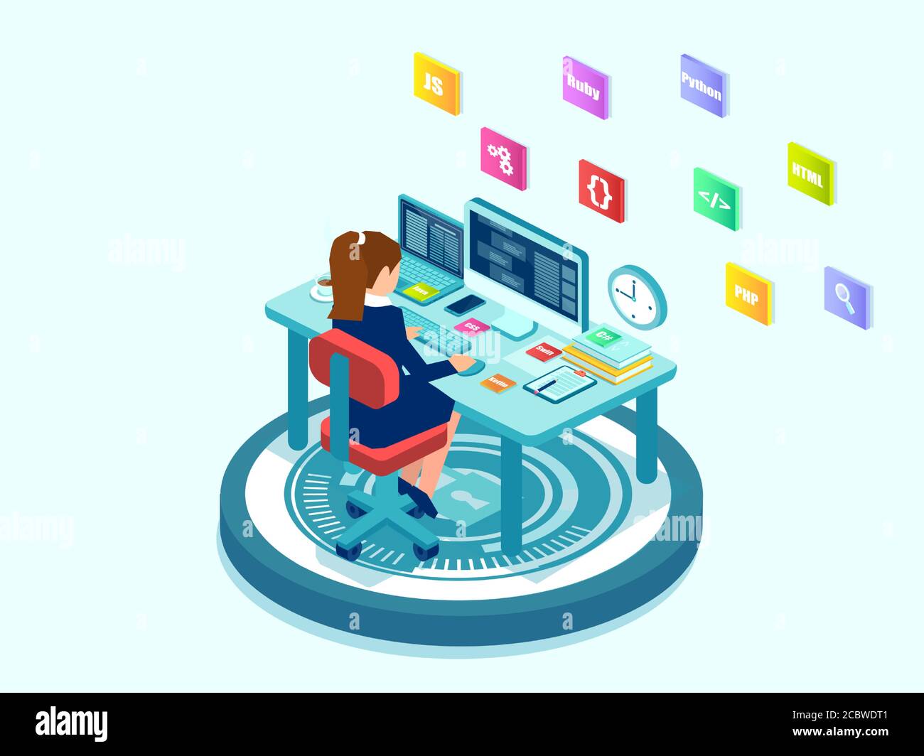 Isometric vector of a female programmer software engineer coding on