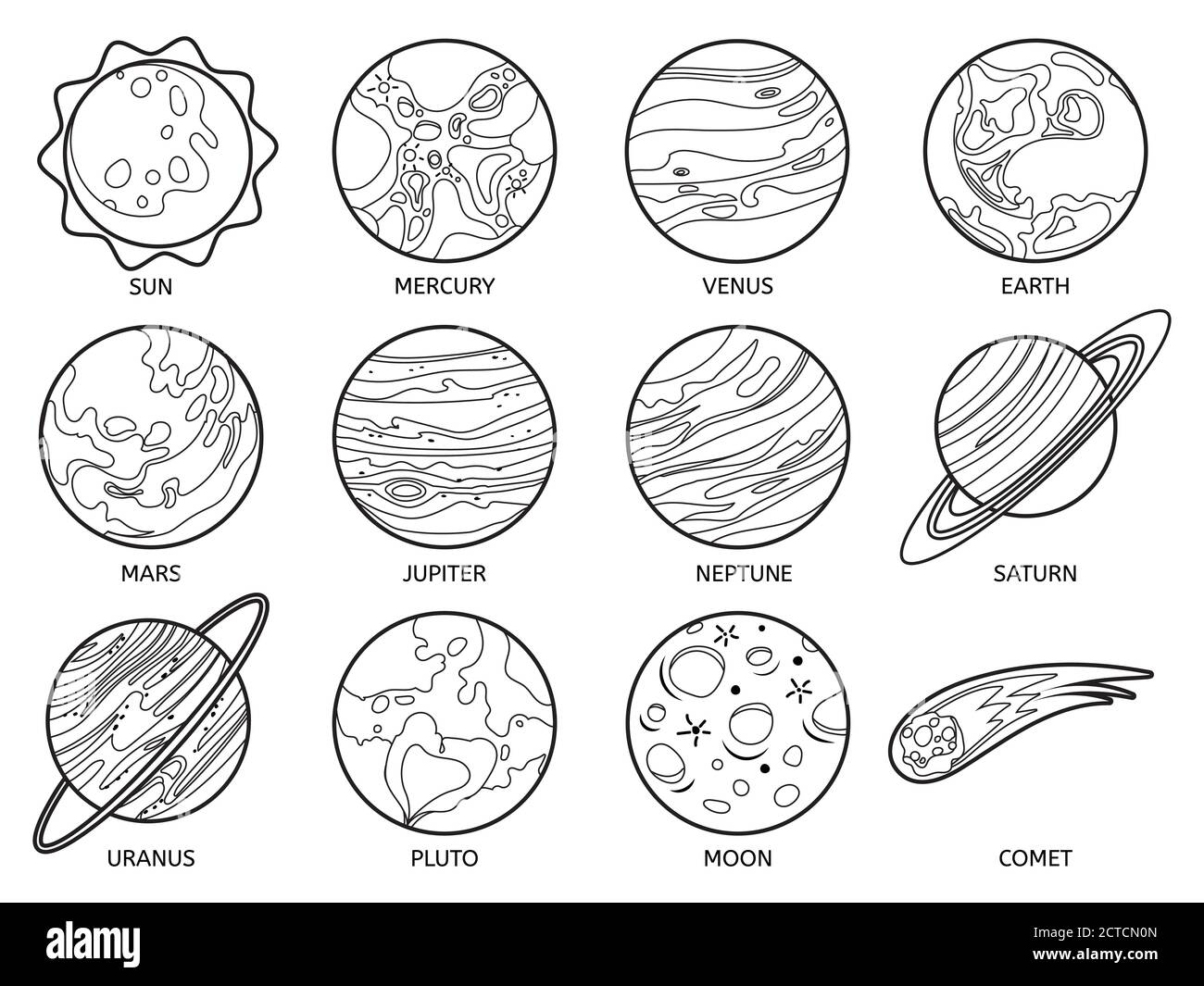 Planets For Color Book Solar System Earth Sun And Neptune Jupiter And Pluto Venus And Mars Saturn And Moon Uranus And Comet Vector Set Outer Sp Stock Vector Image Art