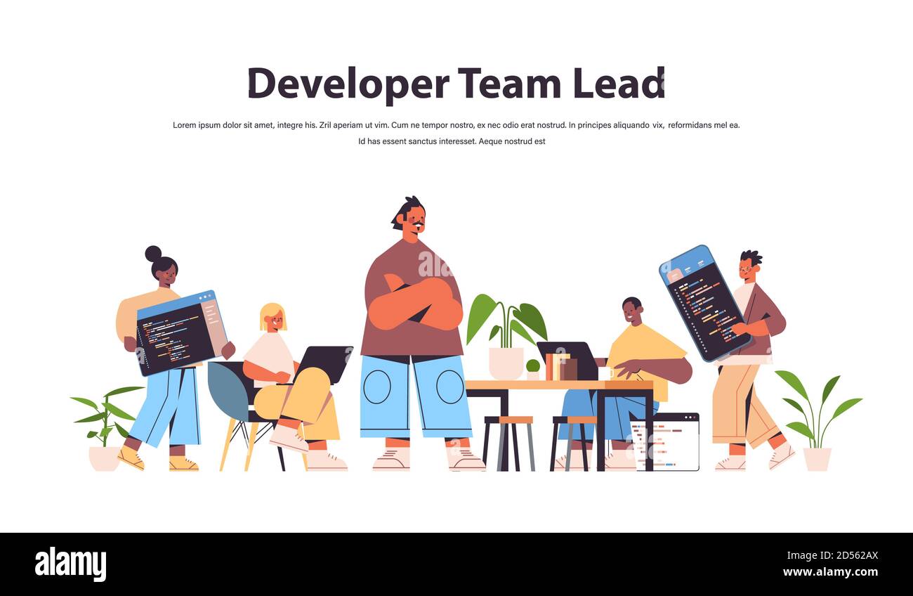 team lead engineer with mix race web developers coding together