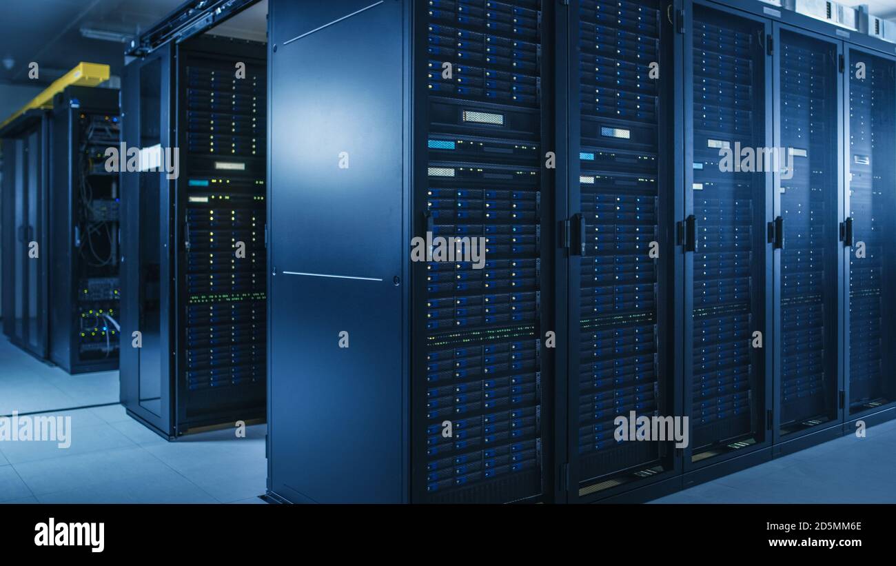 Shot of Modern Data Center With Multiple Rows of Operational Server