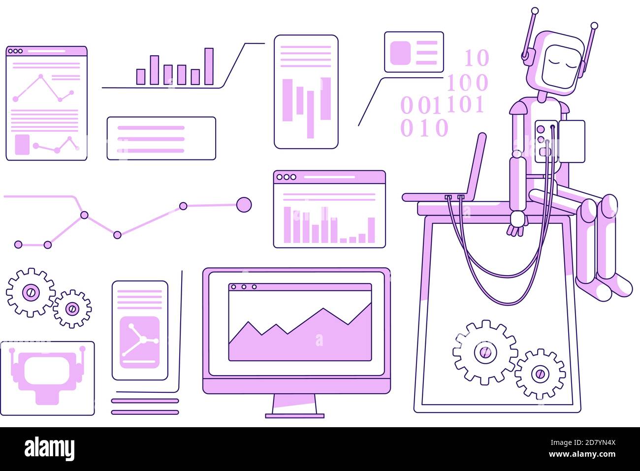 Electronics engineering items purple linear objects set Stock Vector