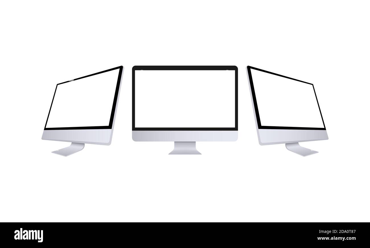Realistic computer monitor in front and side view. Metal desktop mockup