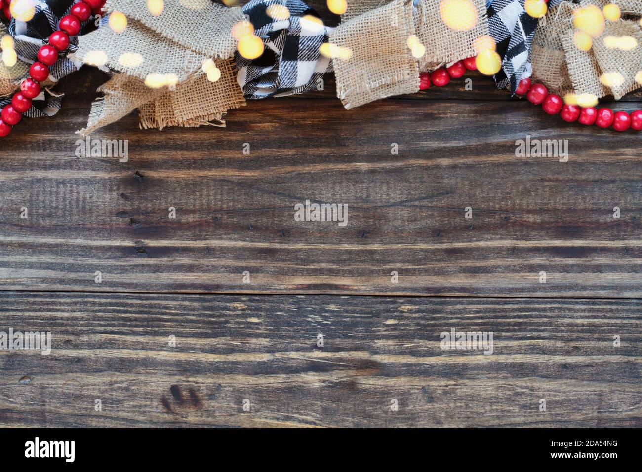 Christmas garland with bokeh lights, burlap, black and white buffalo