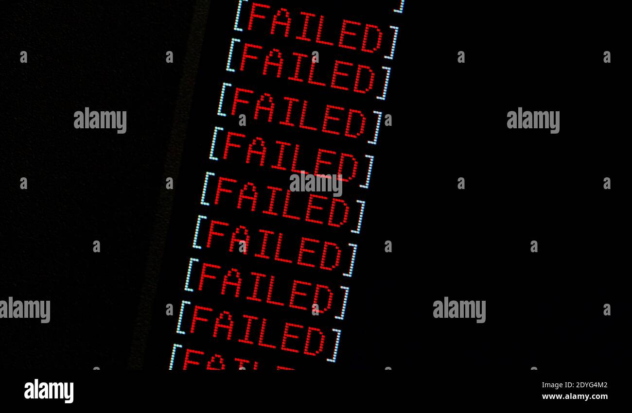 Failure concept, computer monitor display red word FAILED repeated many