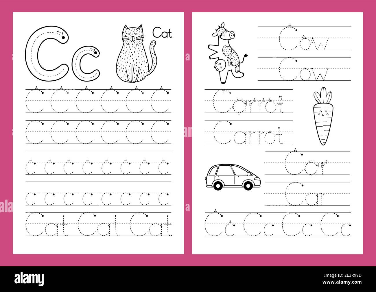 Letter C. Tracing practice worksheet set. Learning alphabet activity
