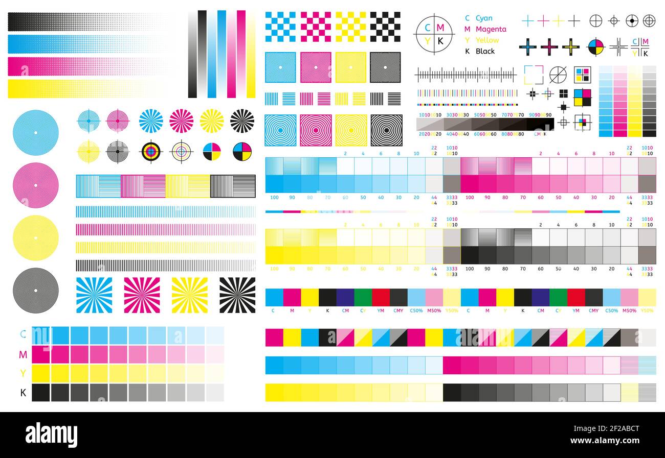 Printing cmyk marks. Offset print calibration marks, gradient color