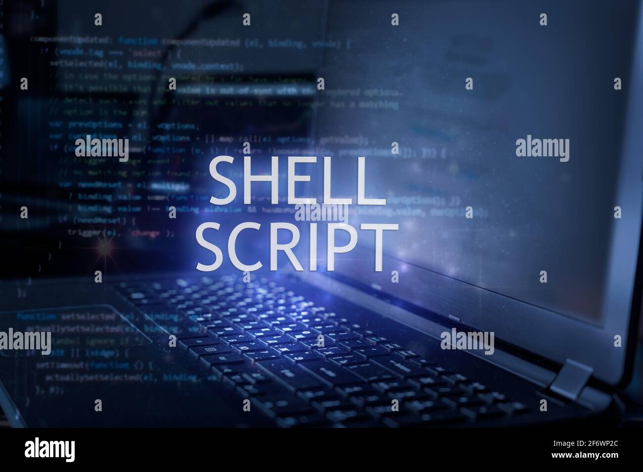 Shell script inscription against laptop and code background. Technology