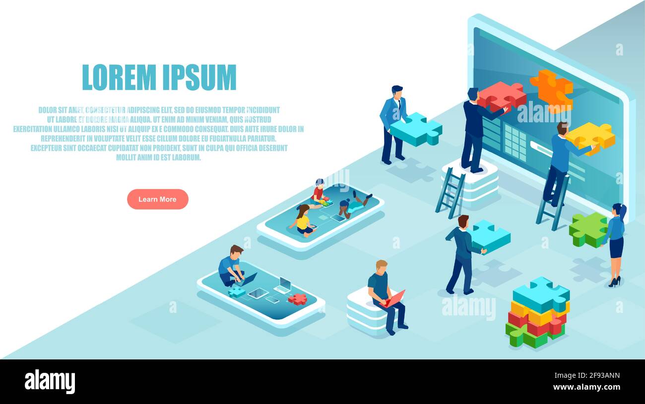 Vector of a software engineer team developing mobile app with children