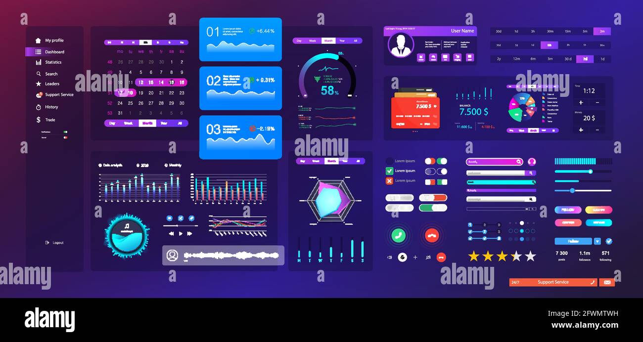 Neon UI / UX / KIT elements set. Universal design interface for Mobile App, web site design and