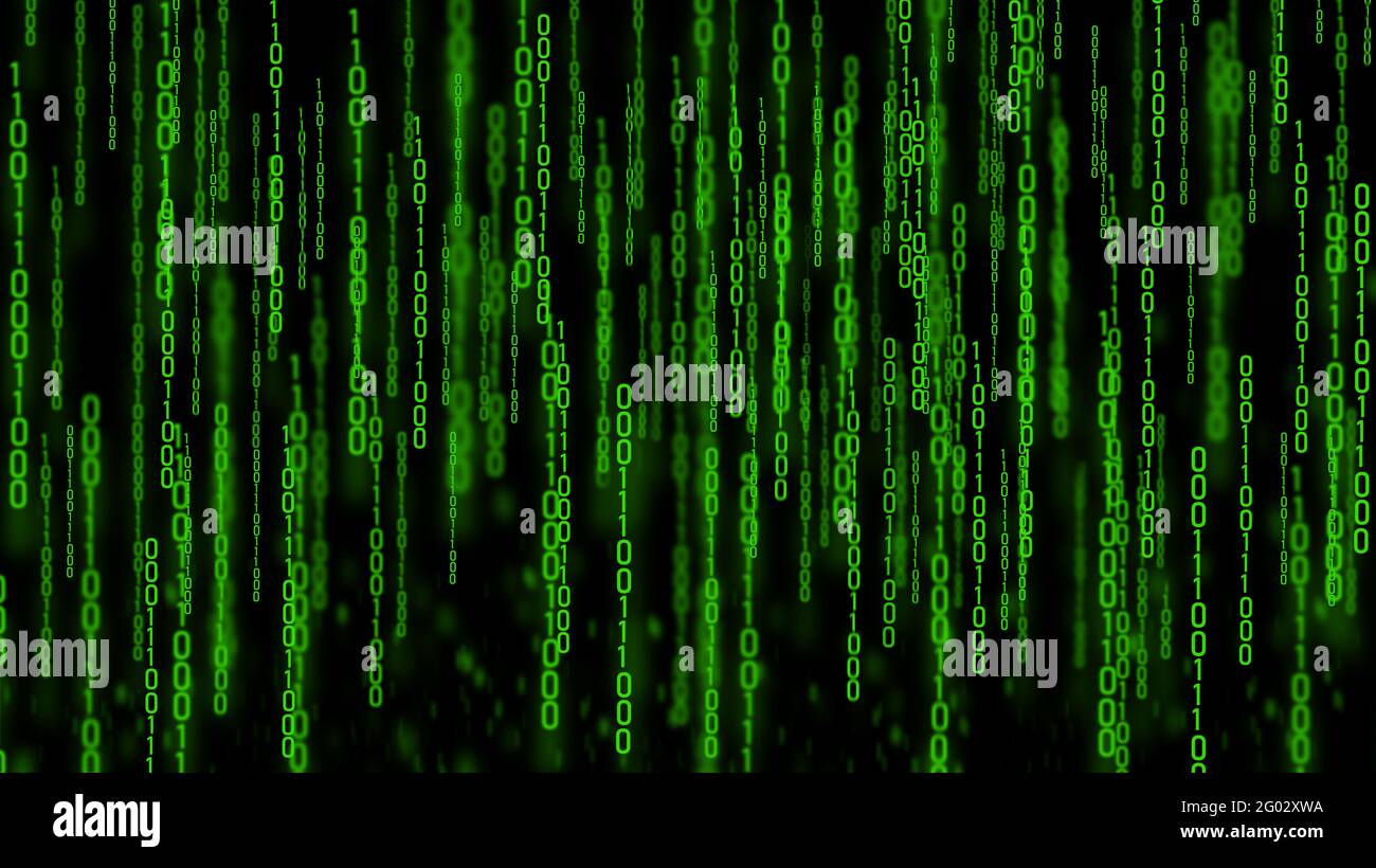 Abstract green binary code on a black background. Green lines of binary