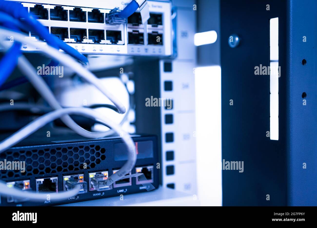 Network switch and cable in data center. Wifi plug of