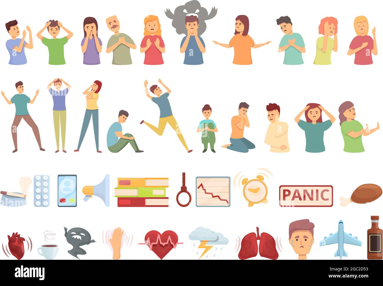 Panic attack icons set cartoon vector. Anxiety panic. Afraid attack