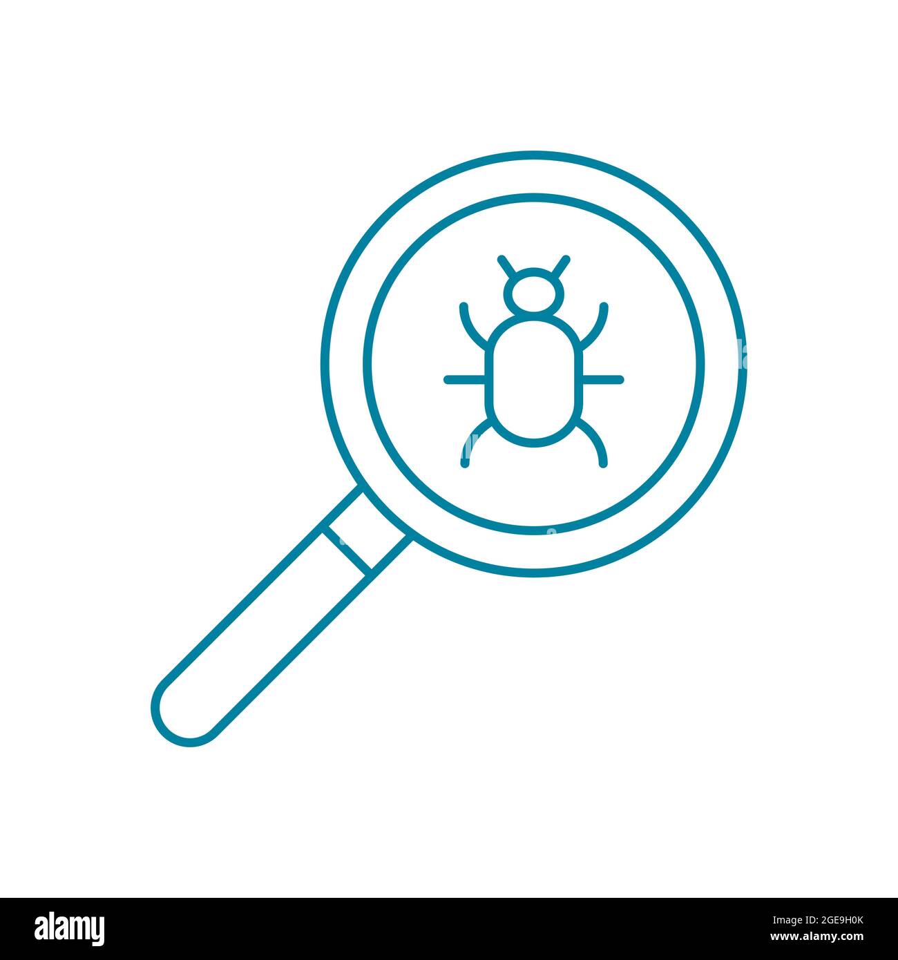 Computer program bug. Search, find and fix PC viruses. Magnifying glass