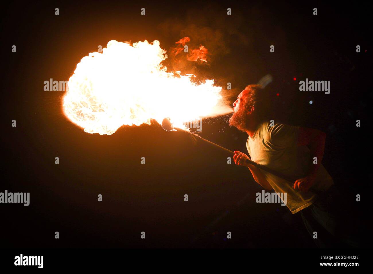 Fire Breathing Performance Stock Photo Alamy