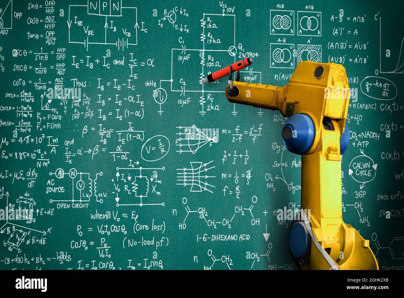 Robot arm AI analyzing mathematics for mechanized industry problem