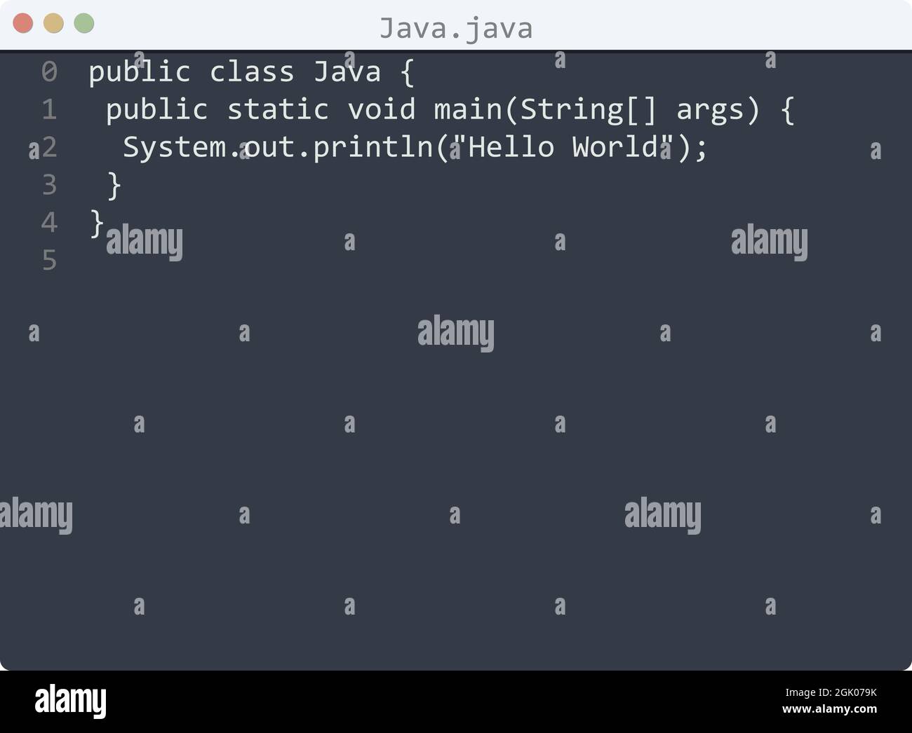 Java language Hello World program sample in editor window illustration