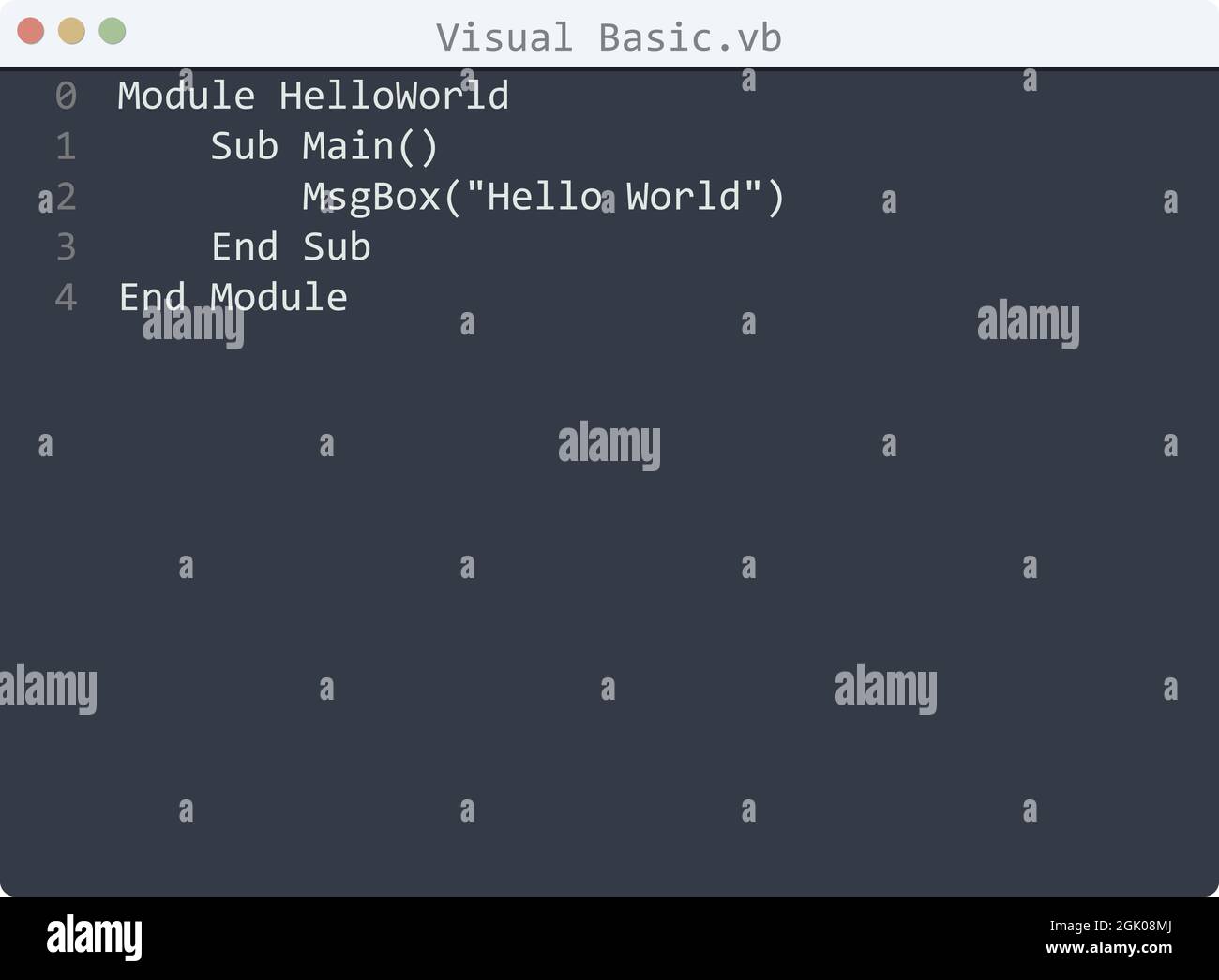 Visual Basic language Hello World program sample in editor window