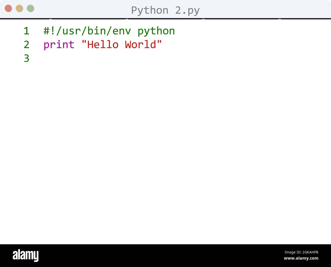 Python 2 language Hello World program sample in editor window